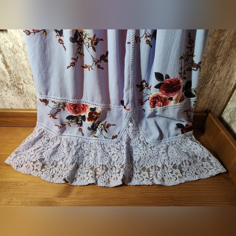 Light Baby Blue Lace Floral Midi Dress - Lavender and Red - Picture 2 of 6